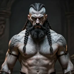 a tall muscular man with grayscale skin, with a full black beard, angry, barbarian with white skin, short hair on sides of head, long braided hair on top of head, tribal tattoos on head and chest and back, short hair on sides, medieval era, style by donato giancola, wayne reynolds, jeff easley dramatic light, high detail, cinematic lighting, artstation, dungeons and dragons