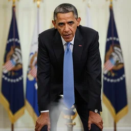 award - winning photograph of barack obama!!!!!!! bending and looking down at the camera, megalophobia, very low - angle shot, camera looking up, worm's eye view, professional picture, very highly detailed, cinematic lighting, spotlights, muscular, photo, sharp, clear