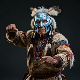 a beautiful portrait of a native american elder with futuristic cybernetic glowing war face paint, dynamic pose, sci - fi, cyberpunk by ruan jia, jules bastien - lepage, trending on artstation, award winning, 8 k