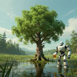 🍺💪🤖. a beautiful tree in the middle of a swamp, digital Art, Greg rutkowski, Trending artstation, cinematic