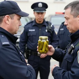 coherent photo of police interrogating a jar of pickles