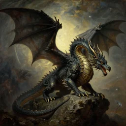 A majestic gothic dragon, by Ivan Aivazovsky, by Caravaggio, by Greg Rutkowski, masterpiece, oil on canvas, trending on artstation, top on pixiv, cinematic composition, dramatic scene, beautiful lighting, aesthetic!, planetary landscape, concept art, sharp, high details, hyper-detailed, astrophotography, no frames, 8K