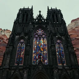 [an atmospheric film still by Christopher Nolan] with a [huge towering dark gothic cathedral with epic stained glass windows, breathtaking gothic architecture, tall spires, bloodborne cathedral, at the top of a red rock canyon
