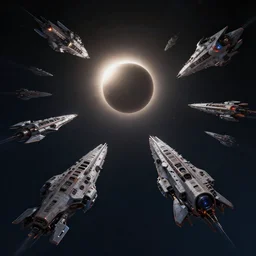 a marvelous fantastic fleet of futuristic ships in the midnight sky in a solar eclipse by Stanley Artgerm Lau, WLOP, Rossdraws, ArtStation, CGSociety, concept art, cgsociety, octane render, trending on artstation, artstationHD, artstationHQ, unreal engine, 4k, 8k,