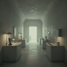 screenshot of a game on unreal engine 5, narrow underground laboratory, photorealistic, liminal, retrofuturism, minimalism, clean, soft vintage glow