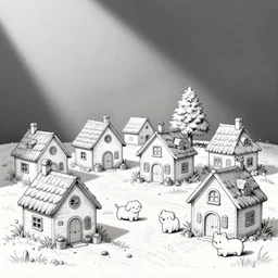illustration of adorable tiny village houses & cute animals, greyscale, line art