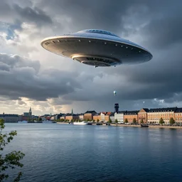 a flying saucer over copenhagen. dramatic lighting. beautiful scenery. cloudscape. aliens. dramatic lighting, lake, ultra clear detailed. by ryan chang, greg rutkowski, thomas kindkade