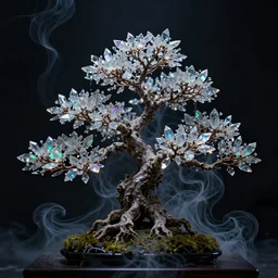 dark eerie photo, miniature forest bonsai, glowing branches and crystals leaves, nacreous lights, wispy glowing ink horrors. iridescent, prismatic