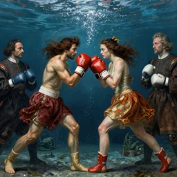 epic beautifull renaissance portrait of 2 boxers fighting underwater, art by * christy lee rogers * ( with help of mario testino and peter lindbergh, marta syrko and neil leifer )