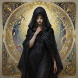 painting of a shy hooded noon succubus in front of a dimensional portal, decorated, intricate, elegant, highly detailed, digital painting, artstation, concept art, smooth, sharp focus, illustration, art by artgerm and greg rutkowski and alphonse mucha, 8 k