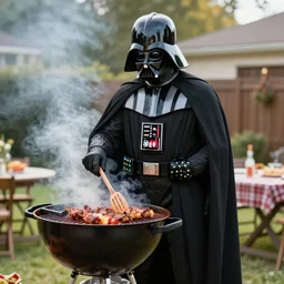 darth vader manning the grill at his family backyard barbecue