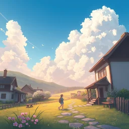 little village, sky, spring, couple lover, beautiful cloud, quiet, anime background, illustration, sharp focus, intricate, smooth, super wide angle, trending on artstation, trending on deviantart