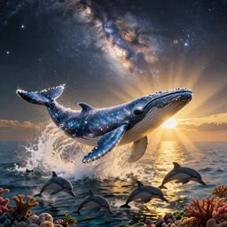 glimmering whale splash, dolphins, golden hour, god rays, coral reef, dreamscape by artgerm and ruan jia and ismail inceoglu and greg olsen, cosmos, milky way galaxy, masterpiece, beautiful, intricate, elegant, highly detailed