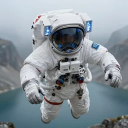 close - up portrait of space astronaut flying in weightlessness over a lake in the himalayan mountains, small foggy and gloomy, blue helmet lights, 6 0 mm full - frame, bokeh background, highly detailed science fiction illustration by jeremy geddes. photorealistic, octane render, hyper detailed, 8 k, movie still, artstation, unreal engine