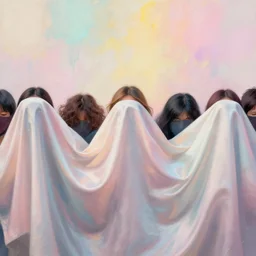 a crowd of people hiding behind a flowy silky cloth, pastel look, splashed textured paint