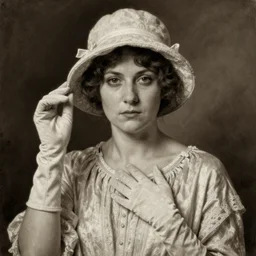 a close up ultra - realistic sepia portrait painting of a 1 9 2 0 s woman with a serious expression, wearing a modest light coloured bohemian style silk crepe dress with a bucket cloche hat, long cotton gloves, dark, brooding, atmospheric lighting, painted, sepia, intricate, ultra - detailed by leesha hannigan, thierry doizon, kai carpenter, well composed, best on artstation, cgsociety, epic, stunning, gorgeous, intricate detail, wow, masterpiece