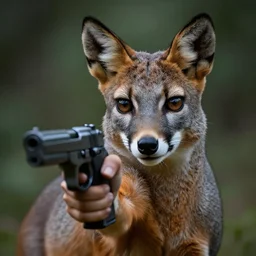 cinematic shot chinchilla holding a pistol, hyper realistic, mood lighting, fantasy, detailed face, highly detailed, super realistic, perfect lighting pixel sorting