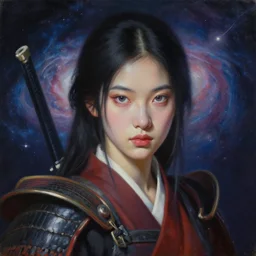 demon girl dressed as a samurai, in the background you can see the universe. by Daniel F. Gerhartz, hyperrealistic oil painting, 4k, studio lightning, very detailed face