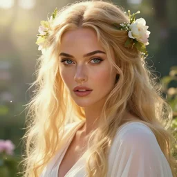 macro closeup headshot of a beautiful seductive 2 0 years old megan fox ethereal magical fairy princess wearing a white robe and flowers in her long blonde hair in a fantasy garden, d & d, fantasy, rim light, volumetric lighting, digital painting, artstation, concept art, smooth, sharp focus, illustration, art by arney freytag, glamour pose, greg rutkowski, maxfield parrish and alphonse mucha, sunrise, new art nouveau, soft ambient lighting, particle effects