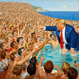 enoumous crowd of millions of people, everyone is laughing and pointing at donald trump in a swimsuig.. painting by salvador dali.