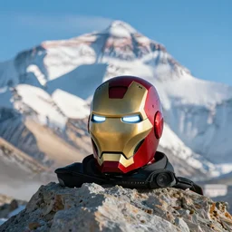 an iron man helmet is sitting on the peak of mount everest, clear focus, bokeh effect, high res, hasselblad, dslr, cinematic