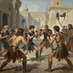 an epic matte painting of podcasters, podcasters and YouTube streamers and TikTok stars fighting in the streets of an ancient during the bronze age collapse, soft lighting, very coherent, oil on canvas in the style of John grimshaw,