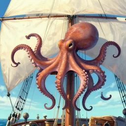 giant octopus crawling on the mast of a sailing vessel, digital art
