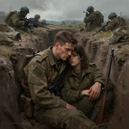 beautiful digital painting of a love survivor, one soldier after his squad killed in action in a trench waiting for the war to end. cinematic lighting and rendering, atmospheric, concept art, high detailed faces, artstation by artgerm and greg rutkowski,,