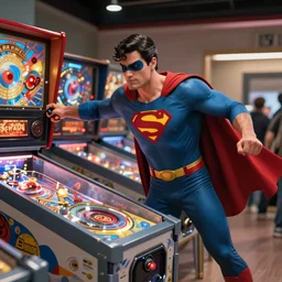 a comic book super hero who is just really good at pinball and throws pinball machines he has a long cape his left hand is missing and instead is a launcher from a pinball machine, 4k, highly detailed, heroic pose, realistic lighting