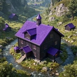 a biggest wood purple black large four corner attic in the mountain stream, sit in the center of a building group, smaller attics and towers around, unreal engine, hyperdetailed, archdaily, artstation, 4 k
