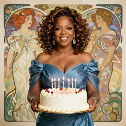 oprah winfrey holding a birthday cake, abstract background, alphonse mucha, rhads, ross tran, artstation, artgerm, octane render, 1 6 k