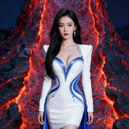 luxurious royal white and blue lee jin - eun emerging from hot red volcanic lava in cyberpunk theme by conrad roset, nicola samuri, dino valls, m. w. kaluta, rule of thirds, seductive look, beautiful