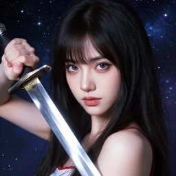 A Beautiful young woman  , holding a sword in the cosmos  || VERY ANIME, fine-face, realistic shaded perfect face, fine details. Anime. realistic shaded lighting poster by Ilya Kuvshinov katsuhiro otomo ghost-in-the-shell, magali villeneuve, artgerm, Jeremy Lipkin and Michael Garmash, Rob Rey and Kentarõ Miura style, trending on art station