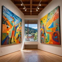 interior view overlooking a spectacular incredible beautiful art museum, huge art murals, located in aspen colorado, bright colored buildings