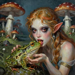 portrait of a Horrifying hyper realistic godlike fairy eating a live a frog , detailed mushroom village in the background , low angle, Greg rutkowski legendary matte painting, post-processing, fantasy , masterpiece , junji ito, painting , vibrant colors