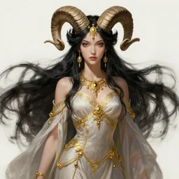 fullbody!! of a beautiful woman with long black hair, big natural ram horns on her head, flowing dress, gold jewellery, dnd, face, fantasy, intricate, elegant, highly detailed, digital painting, artstation, concept art, smooth, sharp focus, illustration, art by artgerm and greg rutkowski and alphonse mucha