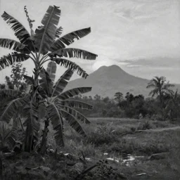 oil painting of a sri lankan landscape at sunset, banana trees in the foreground, mountain sunset in the background, volumetric lighting, volumetric shadows, realistic oil painting by gustave dore, black and white - h 6 4 0,