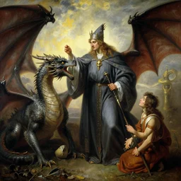 stunning male master wizard feeding his dragon, highly detailed painting by gaston bussiere, craig mullins, j. c. leyendecker, 8 k