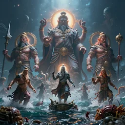 colossal shaman gods destroying very living thing in the ocean, cast across the night sky, 8 k, ultra realistic, lens flare, atmosphere, glow, detailed, intricate, full of colour, cinematic lighting, trending on artstation, 4 k, hyperrealistic, focused, extreme details, unreal engine 5, cinematic, masterpiece