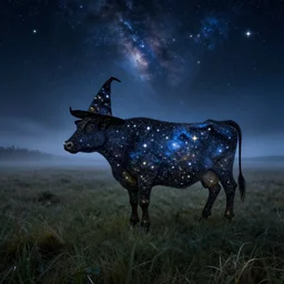 a detailed picture of a cow standing made of stars and nebulas at night in a grassy field wearing a witch hat, cow wearing hat!!! viewed in profile and far away, fog in the background, ultrawide lens, aerial photography, black and blue color scheme with gold highlights, art by greg rutkowski and and rembrandt and alphonse mucha, artstation, 8 k