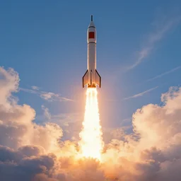 rocket launching into the sky, sunrise, rocketship, wispy clouds, pixiv, concept art