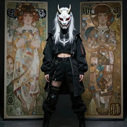 very cool girl white hair girl with oni mask, streetwear, techwear, cyberpunk style outfit, full body, nose piercing, detailed portrait, intricate complexity, by greg rutkowski, james jean, mucha, ross tran, conrad roset, takato yomamoto, ilya kuvshinov. 4 k, beautiful, cinematic dramatic atmosphere