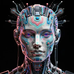 hyperdetailed portrait of a psychedelic cyberpunk robot head, 8 k, symetrical, halluzinogenic, meditative, vector art, black background