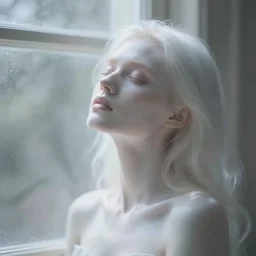 out of focus photorealistic woman at the windows by sarah moon, very blurry, translucent white skin, closed eyes, foggy