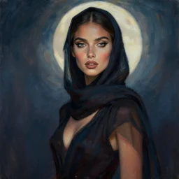 detailed portrait in daring femininity, ethnic, clear eyes, statuesque, gazelle - like, confident realistic face, dark gown and scarf, bathed in moonlight, chiaroscuro, radiant, impressionism, sense of motion, natural color scheme, contrasting highlights, modern fashion, contemporary, deep rich hues, illustration