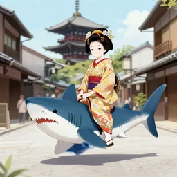 A maiko riding a mako shark across the streets of Kyoto