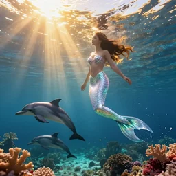 glimmering mermaid swimming underwater, dolphins, golden hour, god rays, coral reef, dreamscape by artgerm and ruan jia and ismail inceoglu and greg olsen, cosmos, milky way galaxy, masterpiece, beautiful, intricate, elegant, highly detailed
