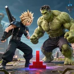 cloud strife from final fantasy 7 playing tetris with hulk