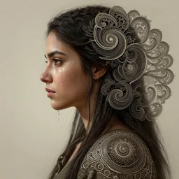 Sorcerer, Maya Ali, side profile portrait, sweat drops, fibonacci fractals, insane, intricate, highly detailed, digital painting, artstation, concept art, smooth, sharp focus, illustration, Unreal Engine 5, 8K, art by artgerm and greg rutkowski and alphonse mucha