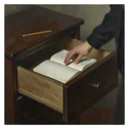 dark oil painting of a man reaching into a drawer for a notebook
